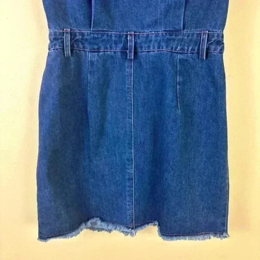 Le Lis Denim “70’s” Retro Collared Button Down Fitted Raw Hem Jean Dress Size M - Picture 12 of 16